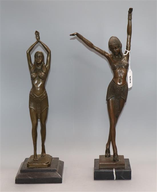 Two Art Deco style bronzes of dancers, one signed Chiparus, tallest 49cm